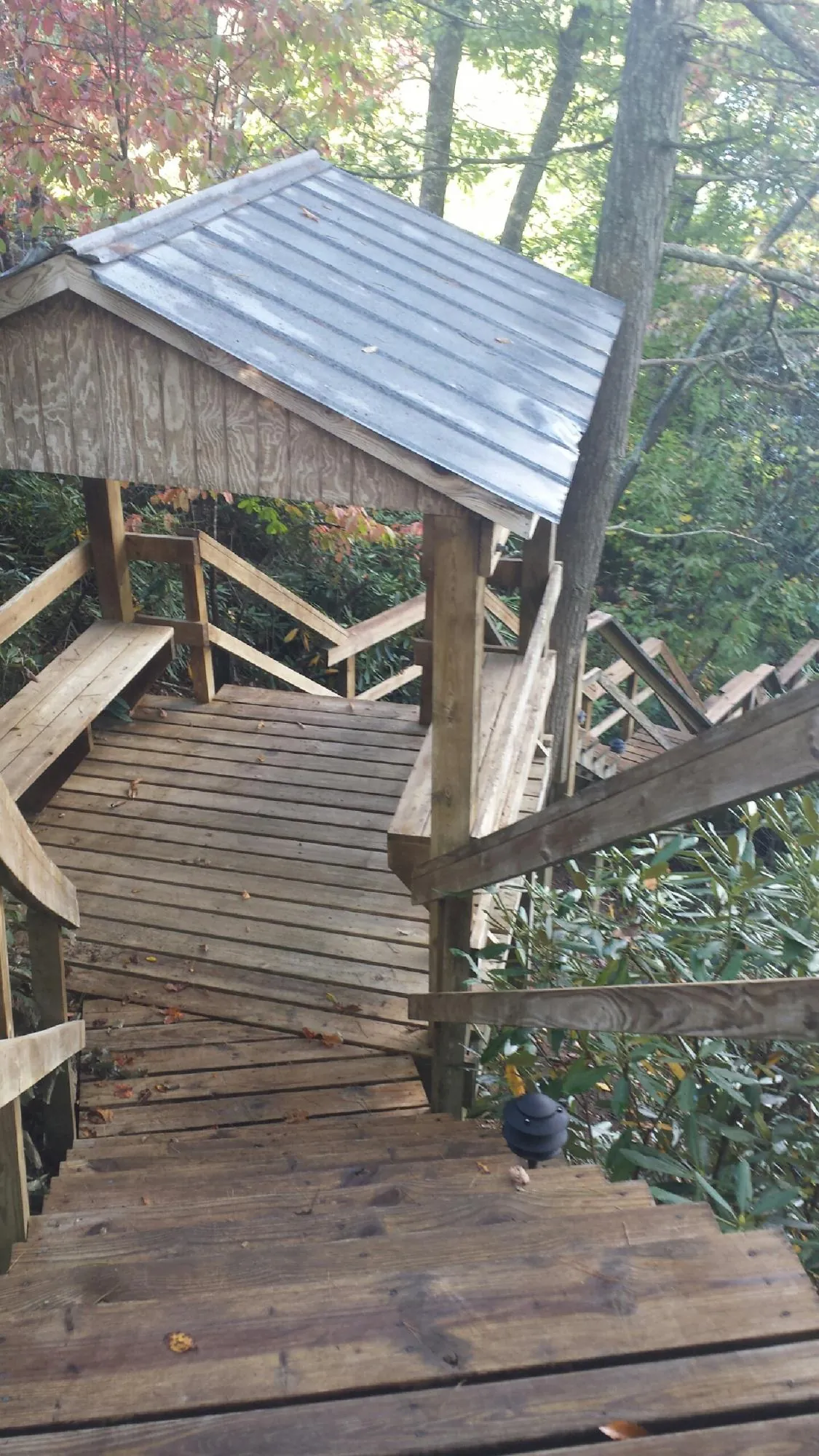 Metal roofed shelter over wooden steps on a wooded walkway — Skylight Repair & Installation work by our crew in Usk